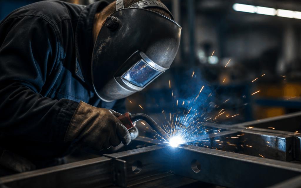 Welder fabricating structural steel in the workshop